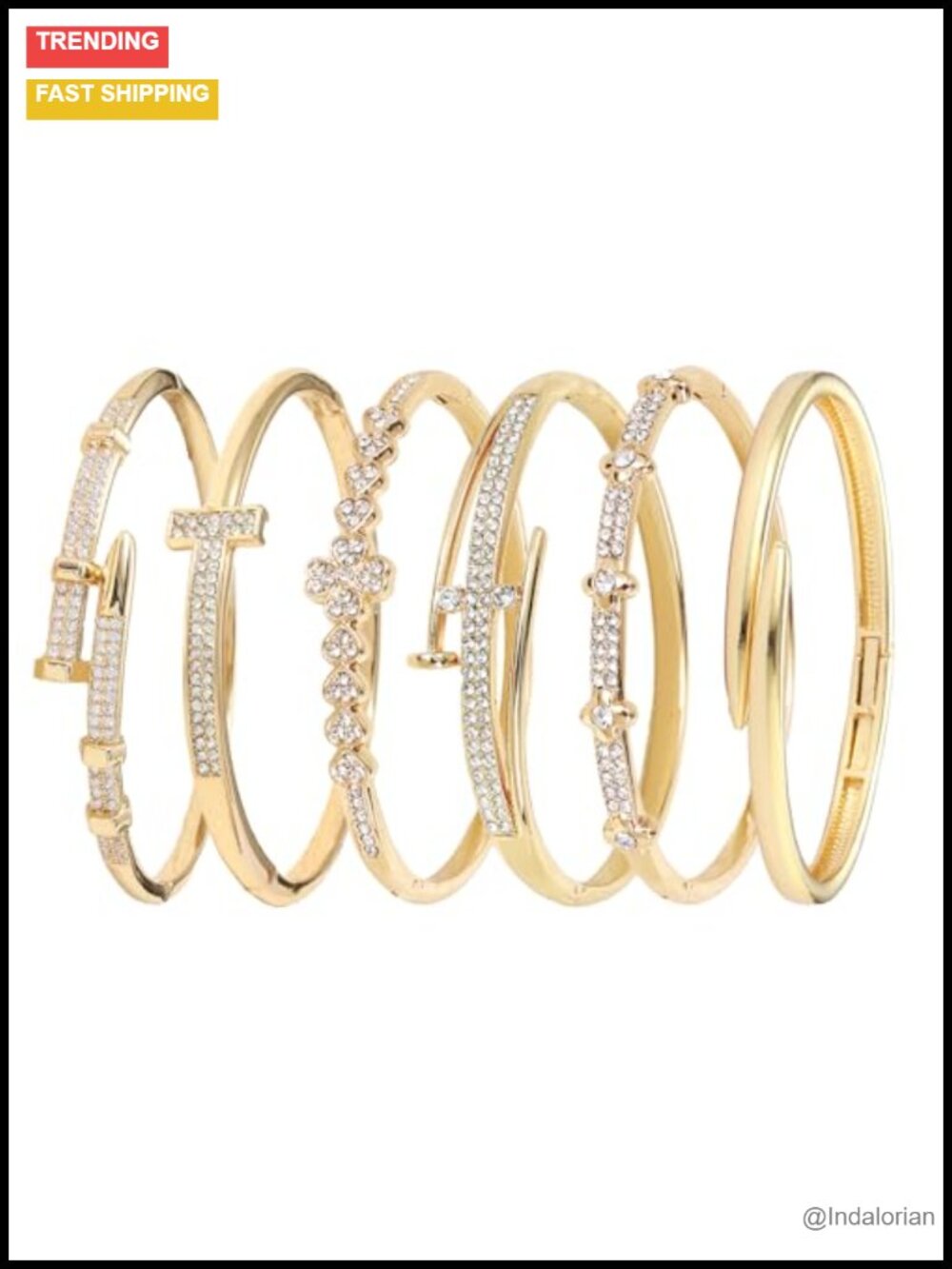 6 Pc Stackable Zinc Alloy Rhinestone Bangle Bracelet Set for Women